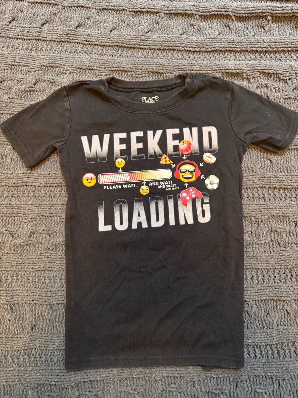 Black "Weekend Loading" Emoji Graphic Tee (Boys, size 12, snug fit)